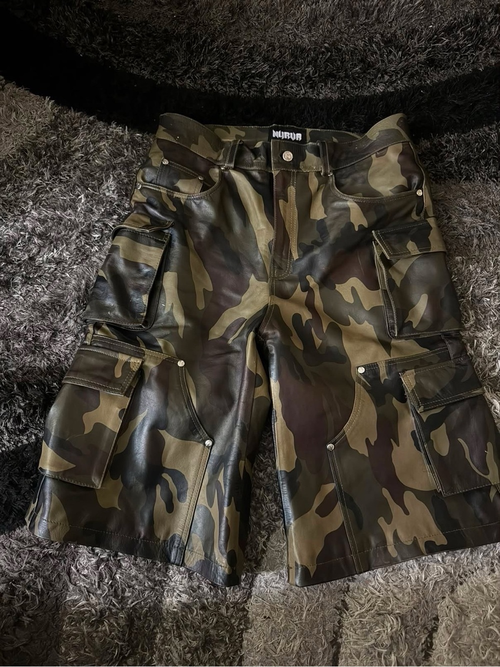 Camouflage Leather Cargo Shorts - Green Camo